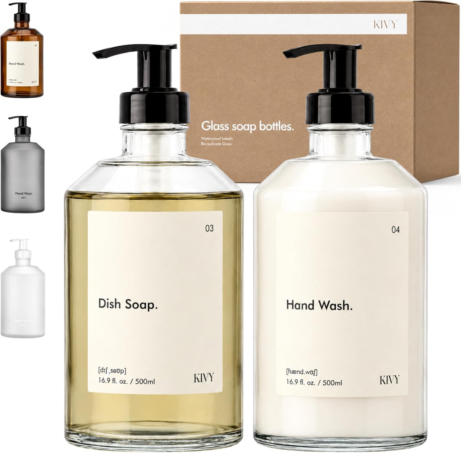 KIVY Glass Soap Dispenser Set 2X 16oz - incl. Waterproof Labels - with Pump | Amazon (US)