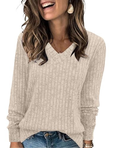 Sampeel Fall Sweaters for Women Trendy 2025 Long Sleeve V Neck Dressy Teacher Shirts Cute Tunic Tops Sweatshirt Loose Fit Khaki L | Amazon (US)