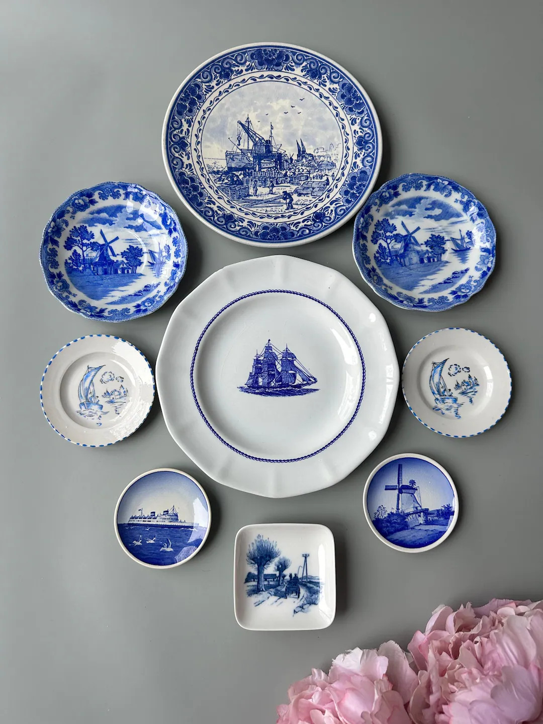 Set of 9 Vintage Porcelain Plates. Mismatched. Blue and White. Nautical / Delft Motif. Wall Displ... | Etsy (US)