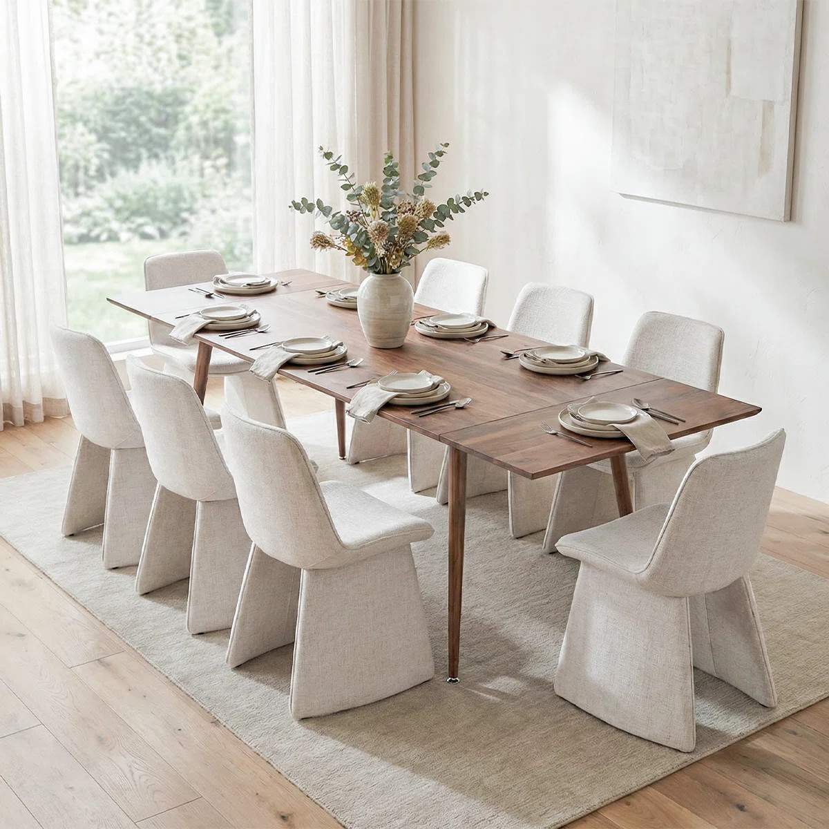 9-Piece Rectangular Extendable Dining Set With Linen Chairs | Wayfair North America