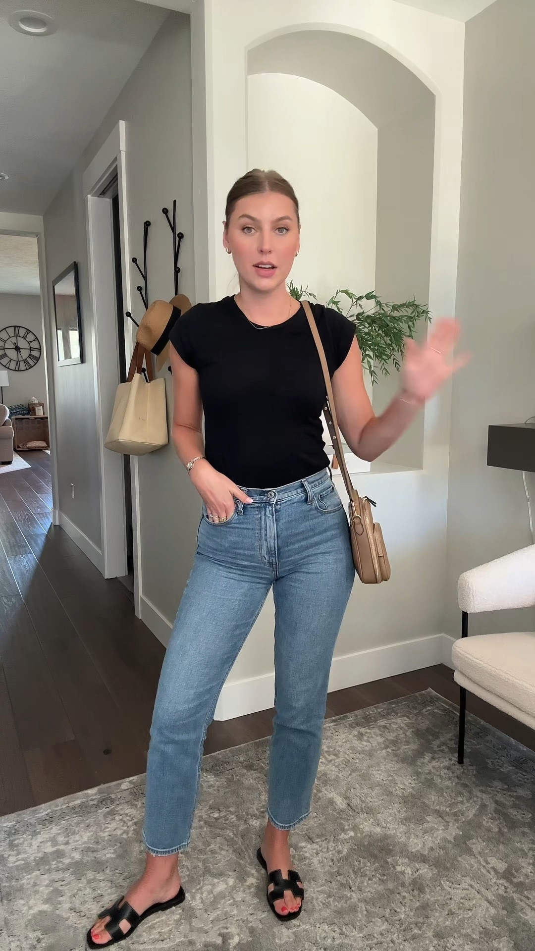 Mindless outfit idea, easy outfit, black tee, Abercrombie jeans (27L), Hermes sandals, monogram bag 

#LTKworkwear