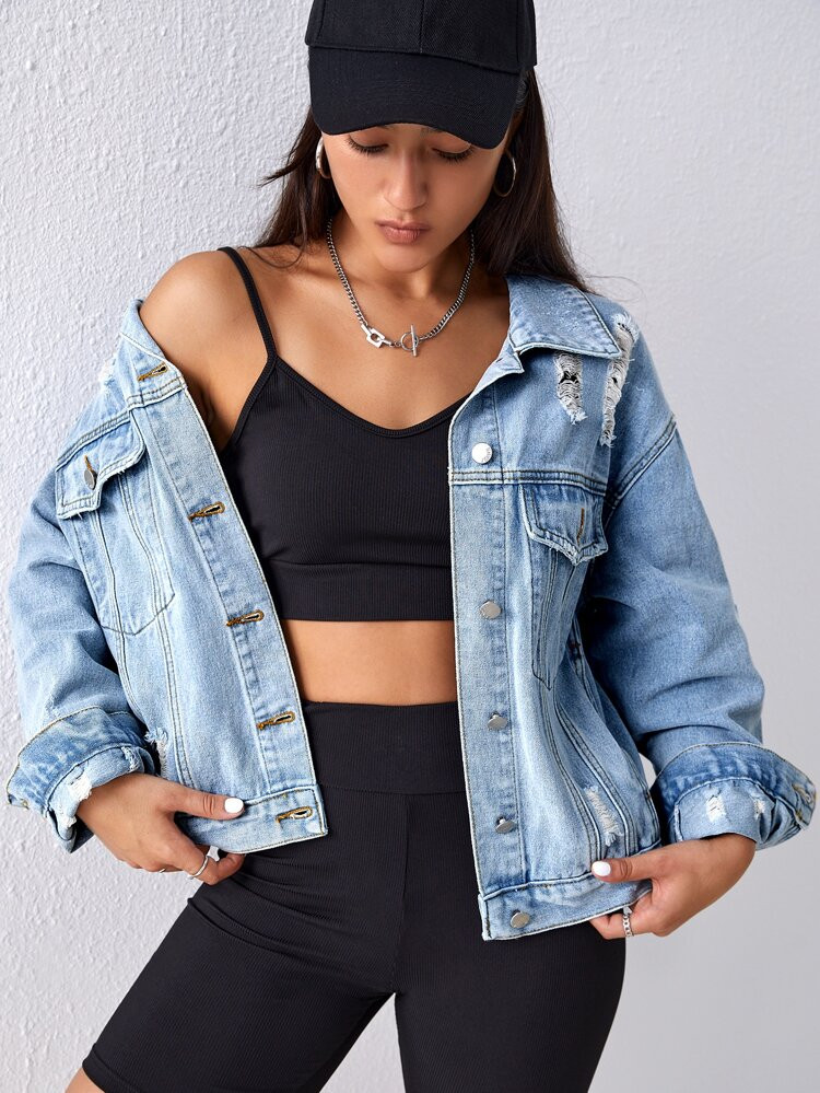 Flap Pocket Drop Shoulder Ripped Denim Jacket | SHEIN