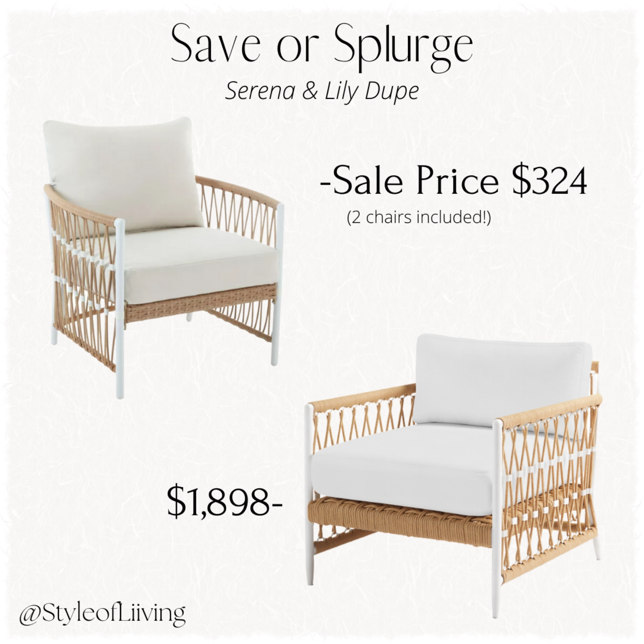Save or Splurge! Same vibe for less. Walmart set of 2 wicker lounge chairs white on sale. Serena and Lily outdoor lounge chair in light dune.

#LTKSeasonal #LTKhome #LTKsalealert