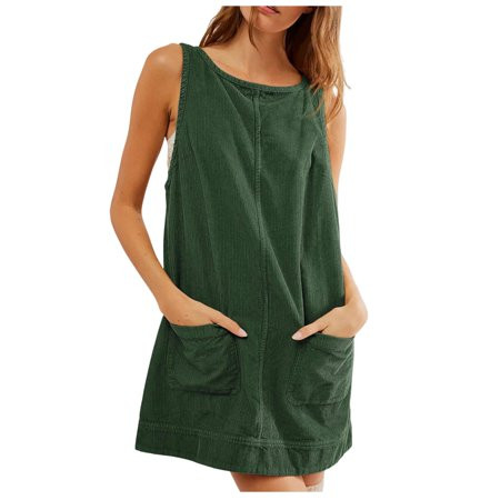 Women s Corduroy Dress Round Neck A Line Skirtall Mini Dress Pinafore With Pockets | Walmart (US)