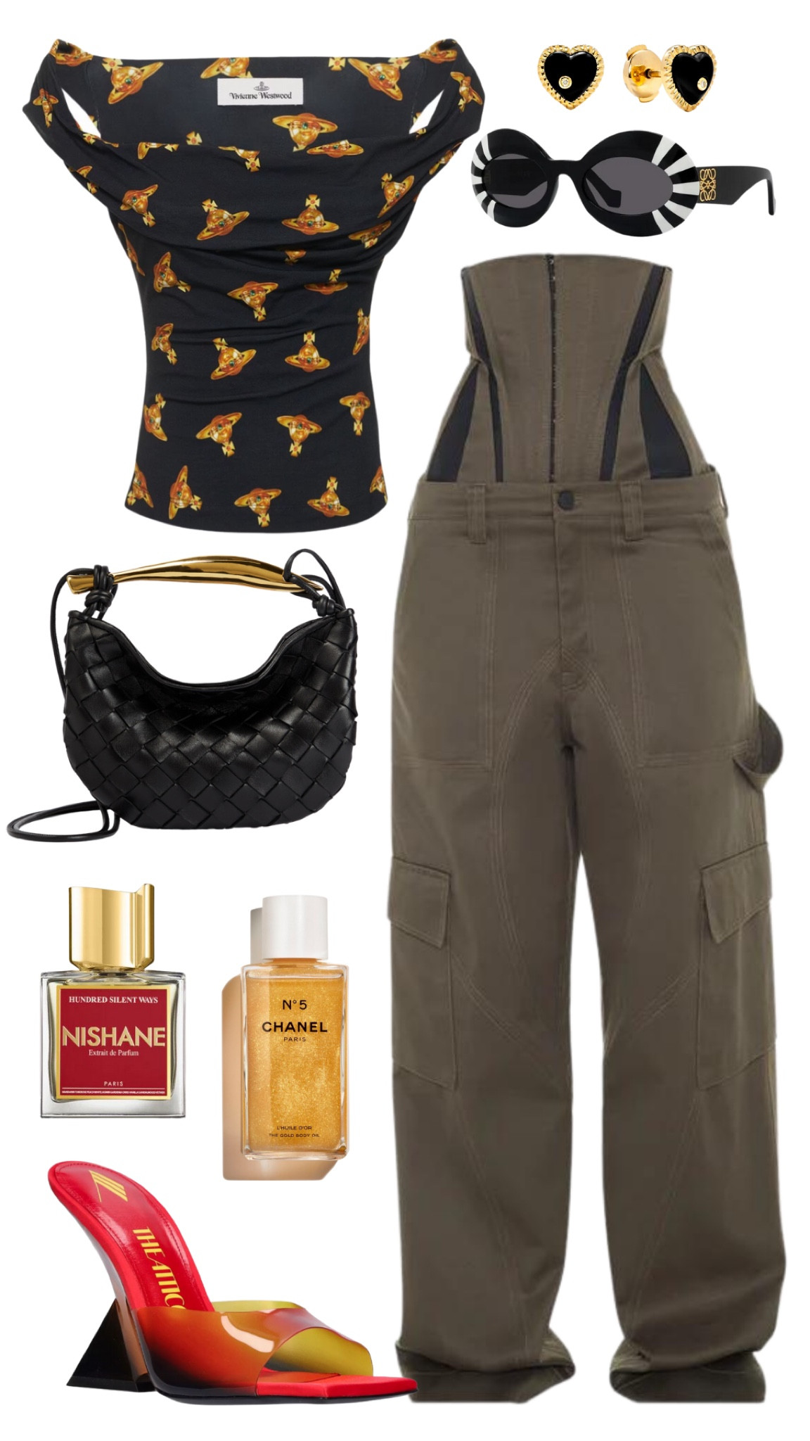 vivienne westwood top
mugler corset pants 
the attico sandals 
bottega veneta bag 
loewe sunglasses 
yvonne leon 
nishane hundred silent ways perfume
chanel body oil 

#LTKstyletip #LTKFind #LTKSeasonal