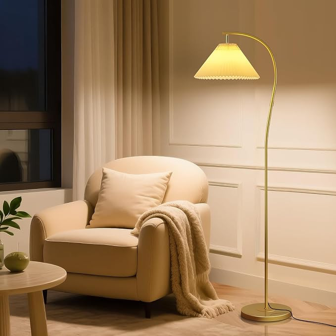 Unique Gold Arc Pleated Floor Lamp, 12W Bulb 3-Color Dimming | Pleated Lampshade, Gold Curved Sta... | Amazon (US)