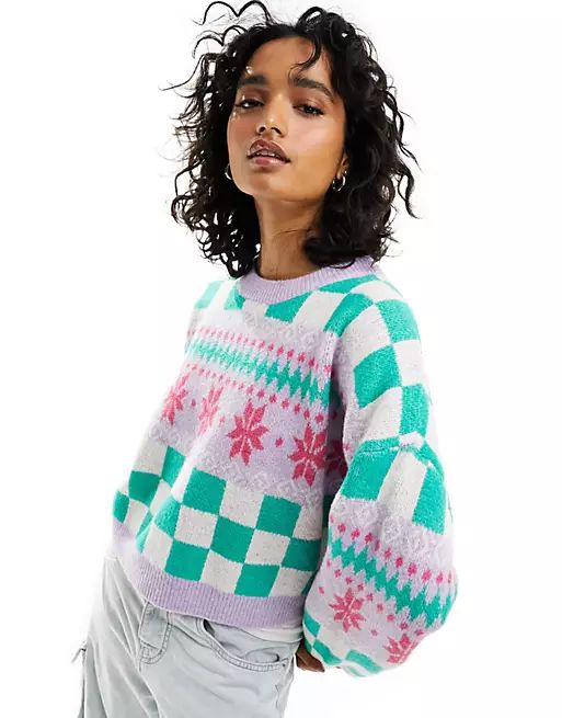 ASOS DESIGN Christmas sweater in sporty snowflake checkerboard pattern | ASOS (Global)