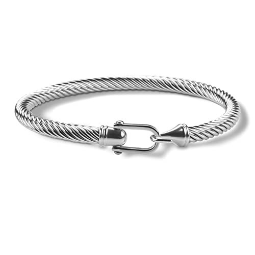 HX SHARE Twisted Cable Bracelet Stylish Fine Stainless Steel Cable Cuff Bracelet with Hook Clasp Bracelets Jewelry for Women （silver 7.6"） | Amazon (US)