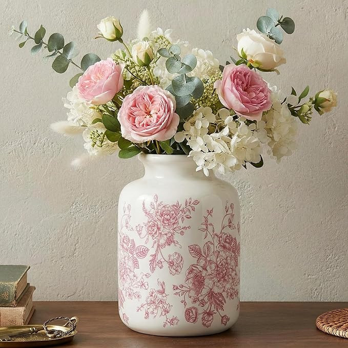 Pink Floral Vase 7.8 Inch Retro Rustic Chinoiserie Floral Vase Ice Cracked Ceramic Large Holder f... | Amazon (US)