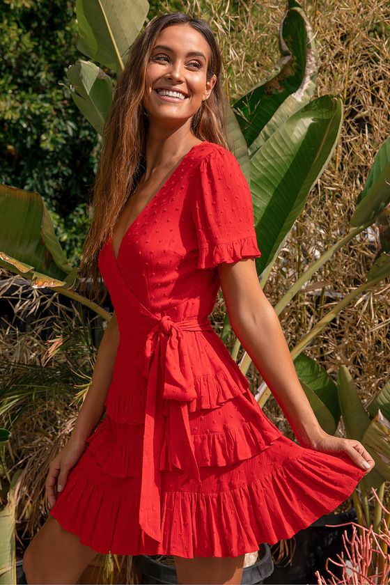 Call Me Cute Red Swiss Dot Tiered Faux Wrap Mini Dress | Lulus (US)