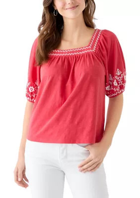 Wonderly Women's Short Sleeve Embroidered Top, Red, Small | Belk