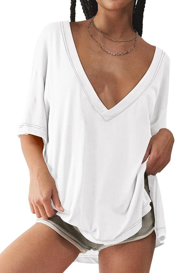 Tankaneo Womens Oversized Tshirts Deep V Neck Short Sleeve Tops Summer Casual Loose Fit Side Slit... | Amazon (US)