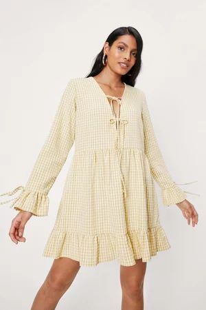 Gingham Long Sleeve Tie Front Mini Dress | Nasty Gal (US)