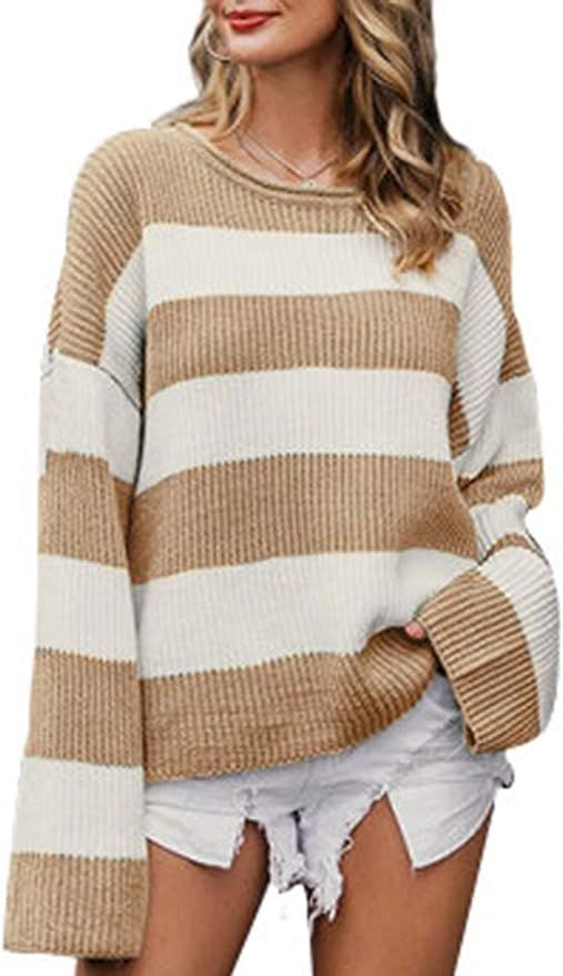BerryGo Women's Casual Color Block Crew Neck Knitted Pullover Sweater Jumper Tops | Amazon (US)