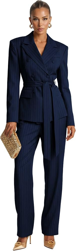 Pinstripe Suits for Women Double Breasted Business Blazer with Belt Pants | Amazon (US)