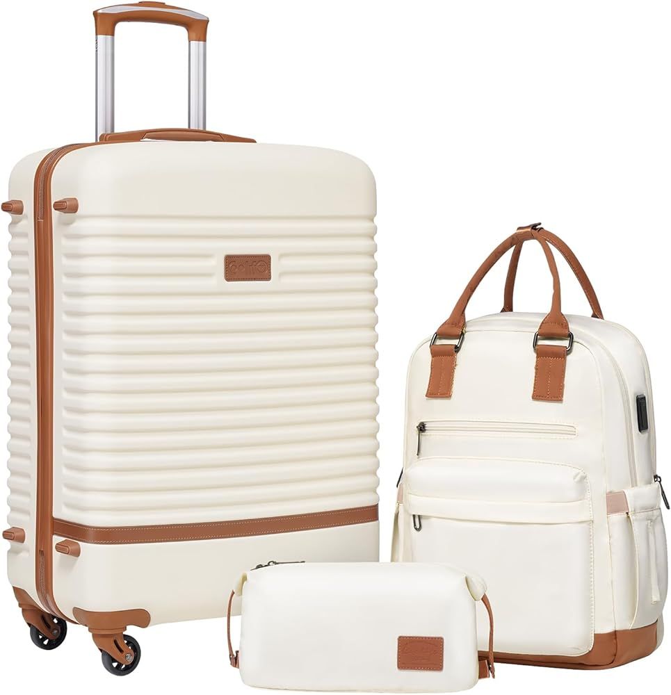 COOLIFE Suitcase Trolley Carry On Hand Cabin Luggage Hard Shell Travel Bag Lightweight with TSA Lock,The Suitcase Included 1pcs Travel Backpack and 1pcs Toiletry Bag (White/Brown, 24 Inch Luggage Set) | Amazon (UK)