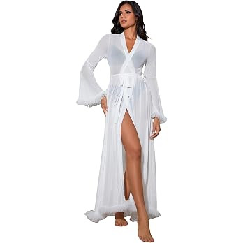 OYOANGLE Women's Ruffle Trim Long Sleeve Belted Sheer Mesh Wedding Bride Robe Nightgown | Amazon (US)