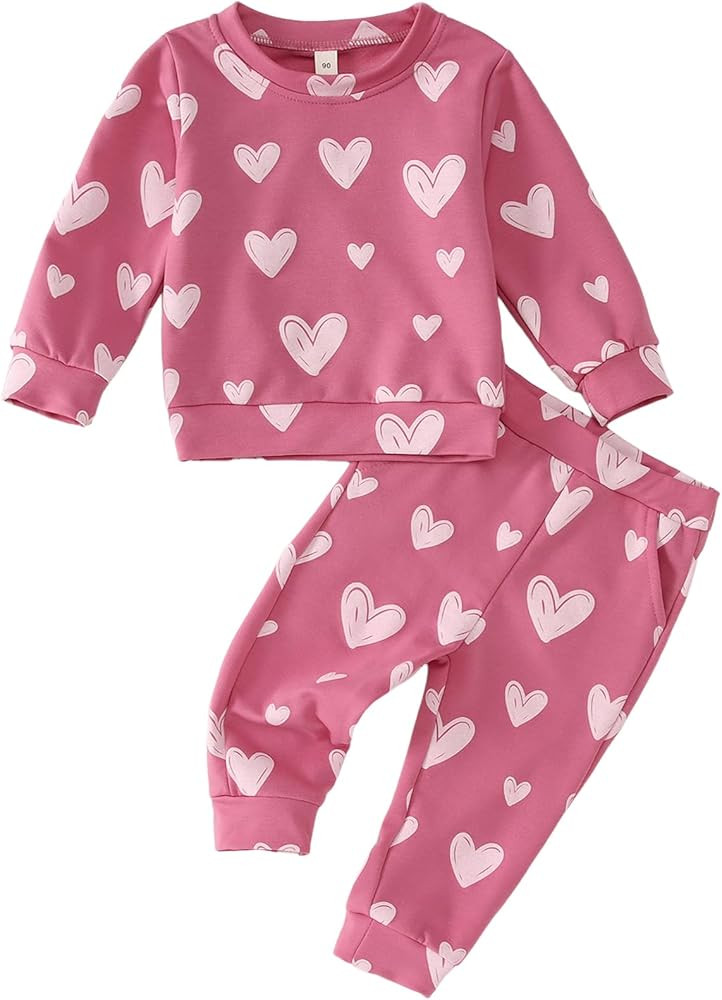 BOUTIKOME Toddler Baby Girls Valentines Day Outfits Heart Print Sweatshirt Long Pants Set 2Pcs Sw... | Amazon (US)
