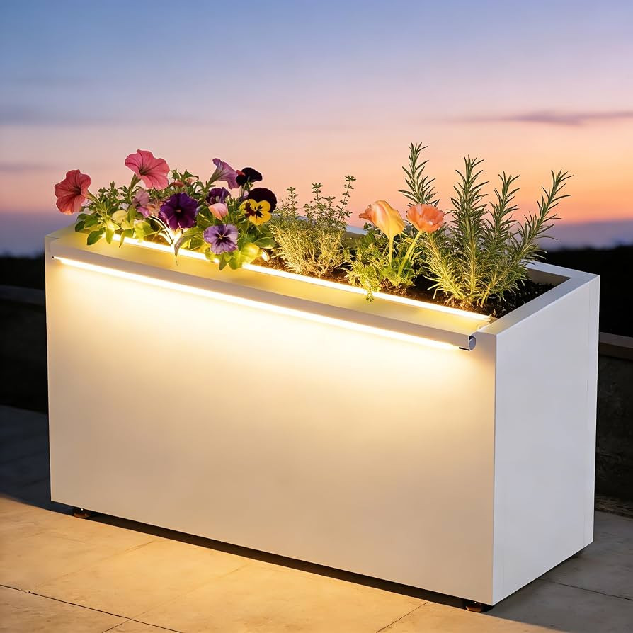 GSK 30" L White LED Metal Planter with Light Outdoor Illuminate Lighting Patio Rectangular Flower... | Amazon (US)