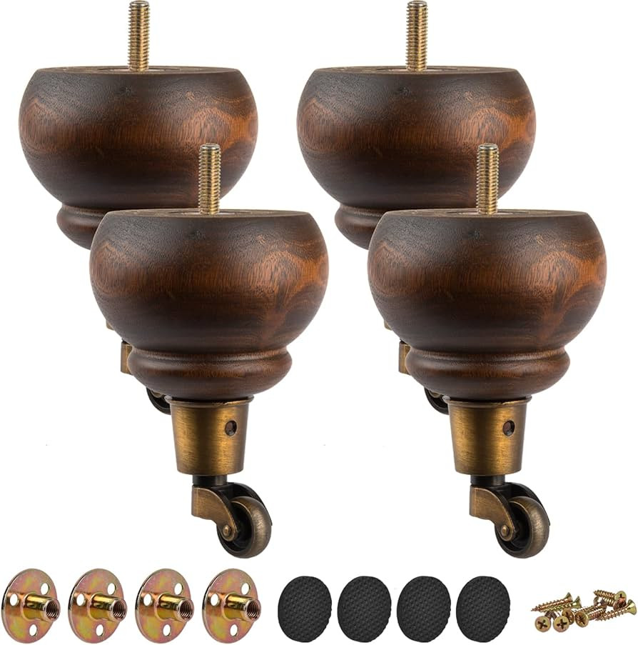 6 inch / 14cm Wooden Furniture Legs with Casters Wheels, Pack of 4 Classic Glaze Solid Wood Round... | Amazon (US)