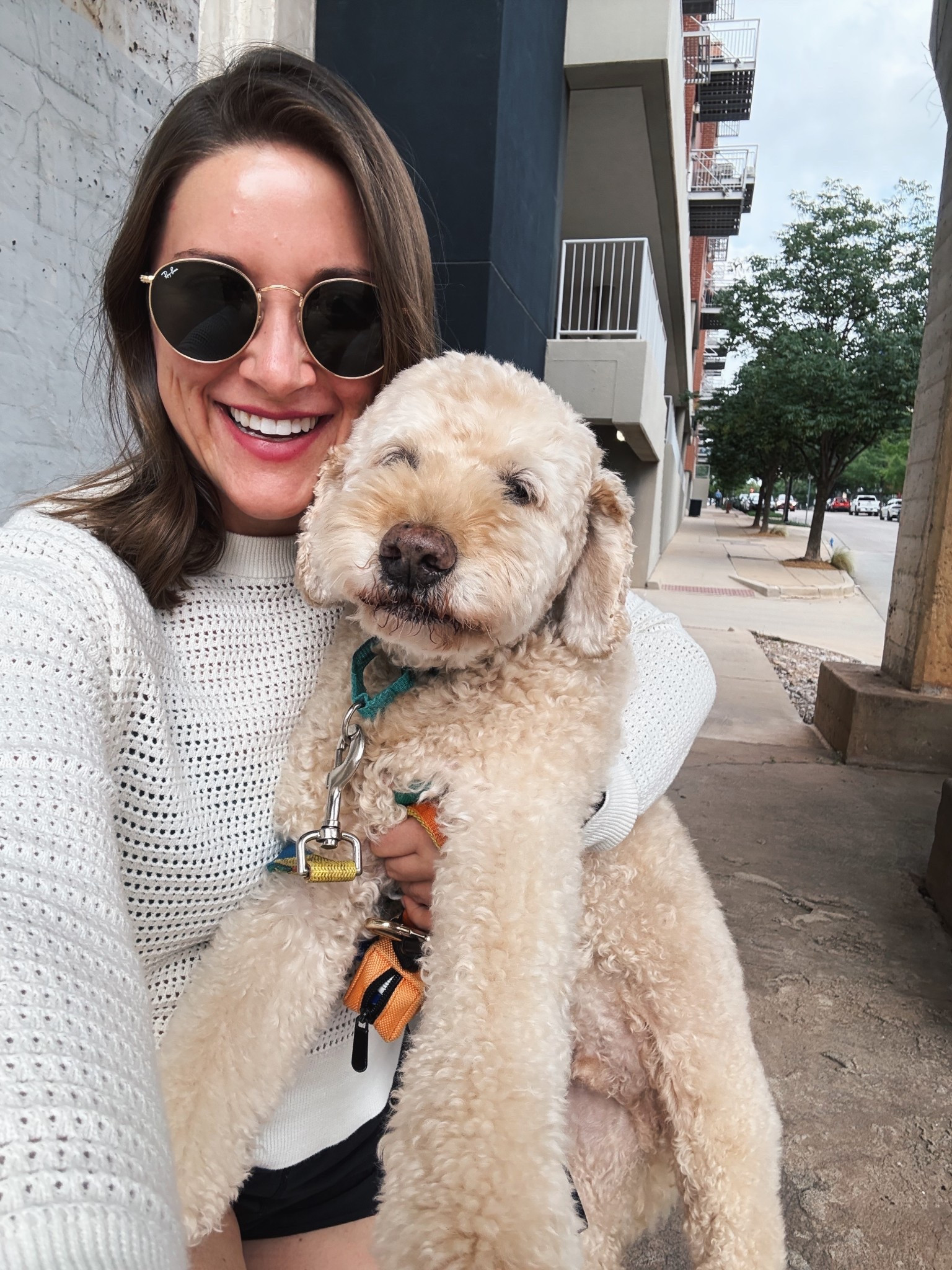 Quick after work walk with Lou! Threw on my favorite Varley sweater with my favorite shades and shorts. Favorite walking attire! ❤️