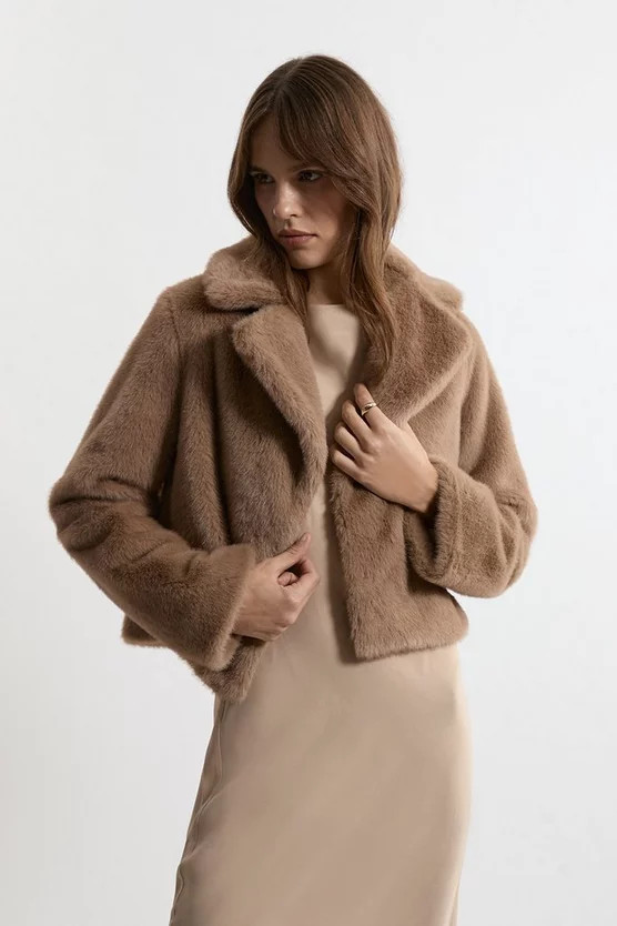 Faux Fur Cropped Jacket | Karen Millen | Karen Millen UK + IE + DE + NL