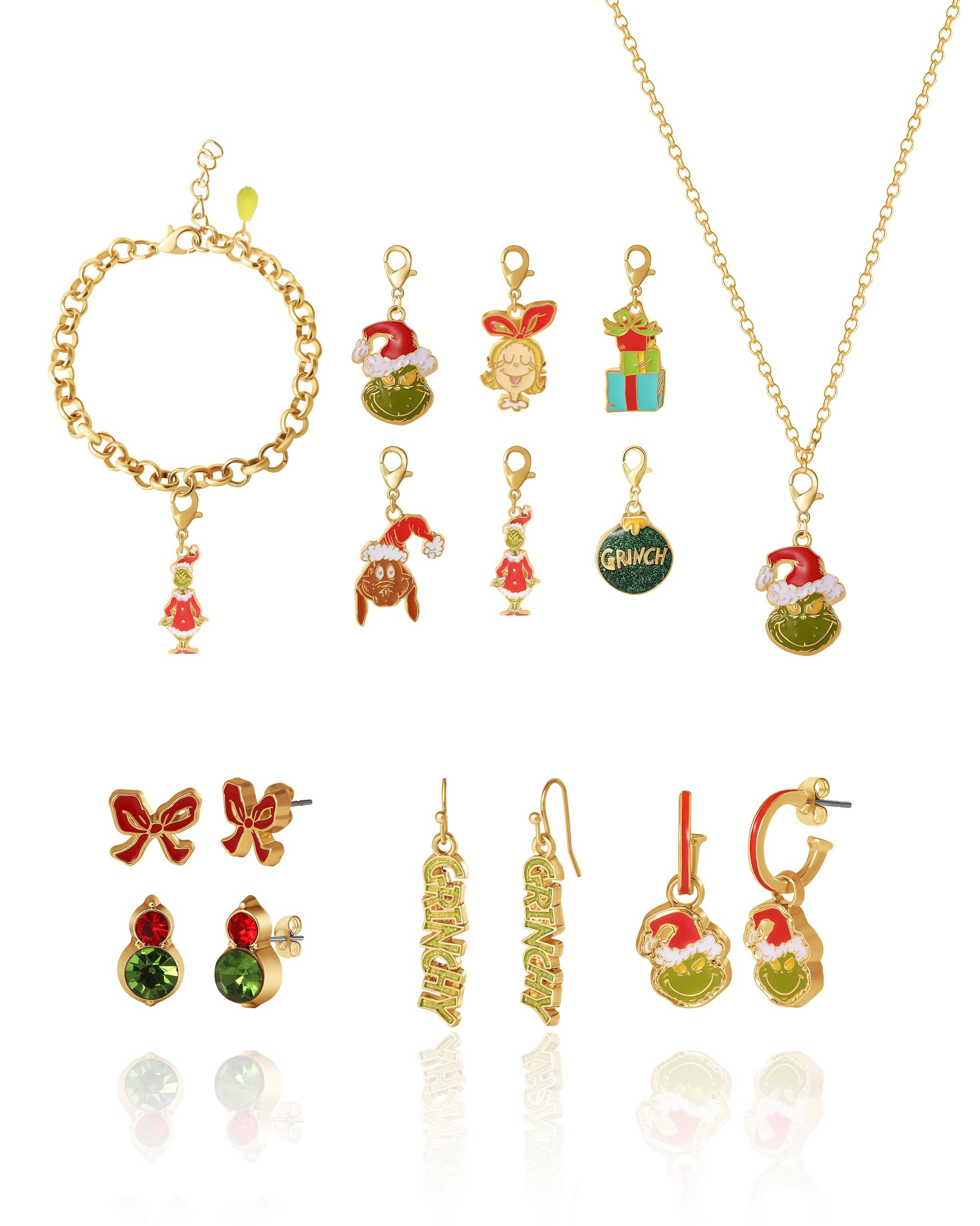 Grinch Jewelry Advent Gift Set: 12 Piece Earrings Necklace Bracelet & Charms Mix & Match Christma... | Amazon (US)
