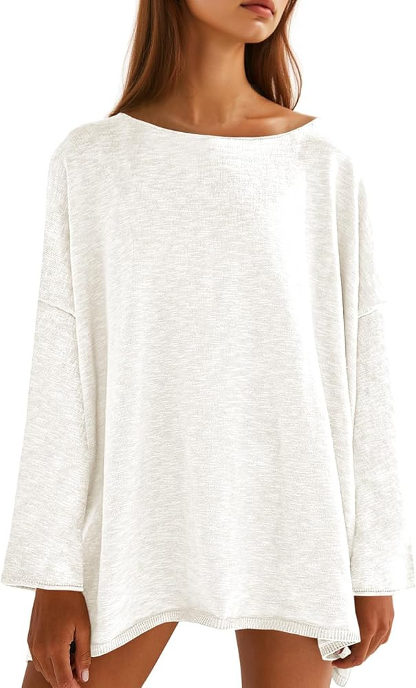 Tankaneo Womens Long Sleeve Shirts Oversized Lightweight Sweaters Crewneck Side Slit Hem Casual B... | Amazon (US)