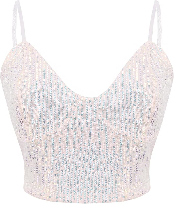 Vimoisa Women Reflective Metallic Tank Top Bustier Spaghetti Strap Crop Top Tight Sleeveless Tube... | Amazon (US)