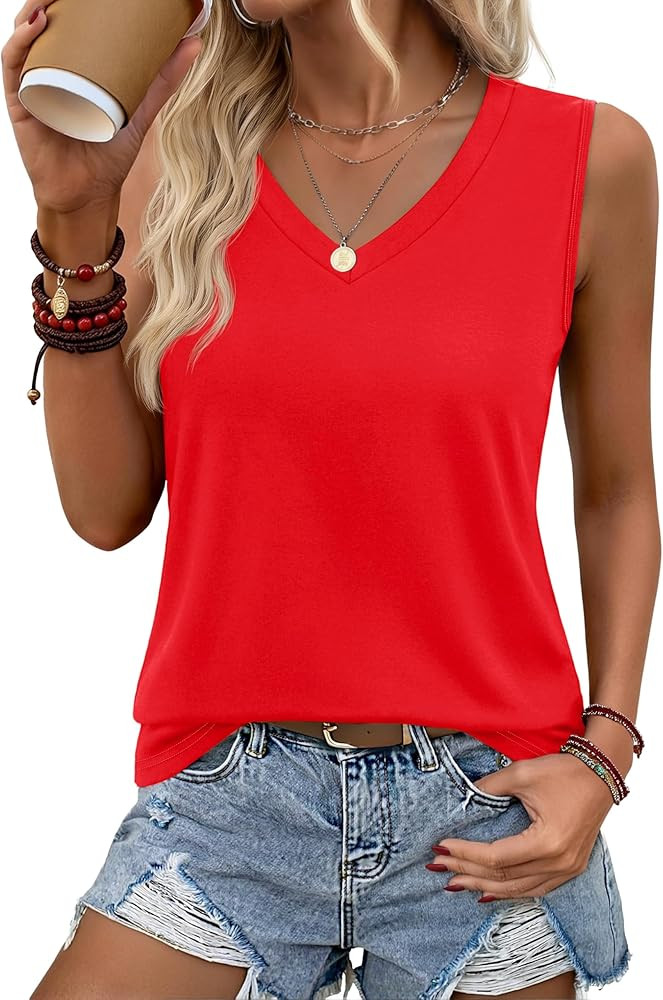 YUCOLEN Women's Tank Tops Loose Fit V Neck Summer UPF 50+ Flowy Curved Hem Basic Casual Sleeveles... | Amazon (US)