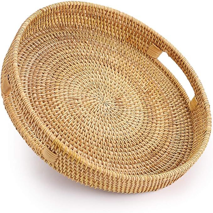 Hipiwe Round Rattan Serving Tray with Handles, Hand-Woven Decorative Organizer Tray for Storage B... | Amazon (US)