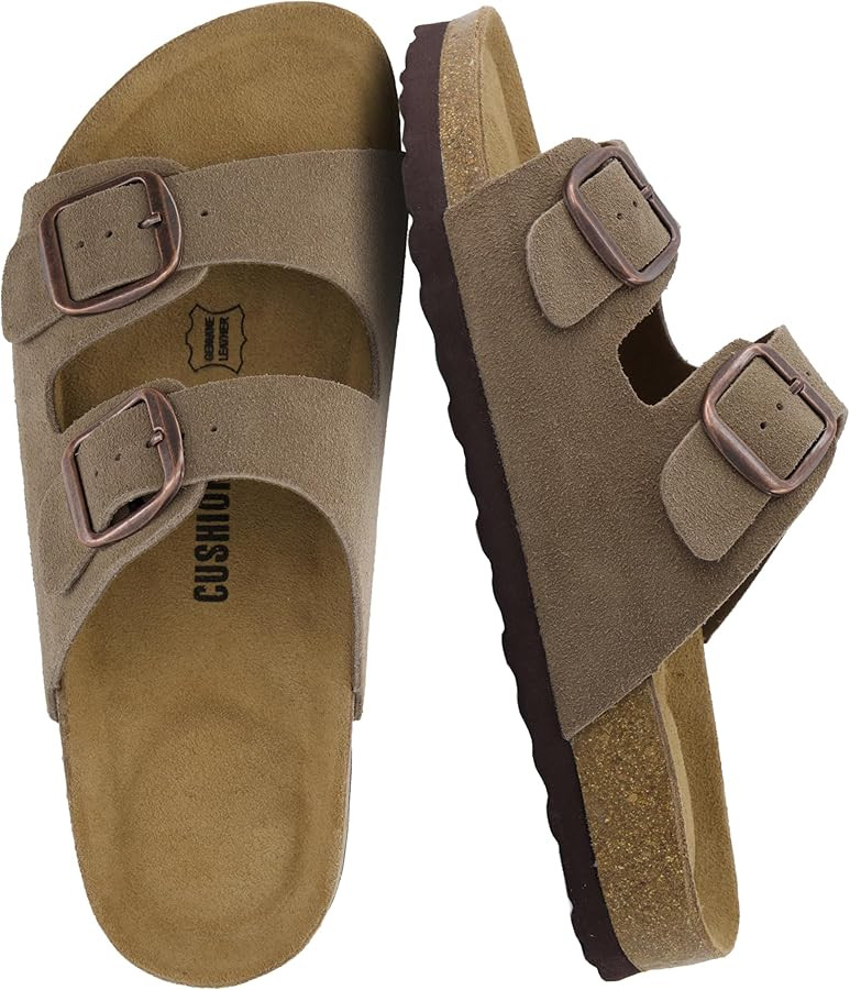 CUSHIONAIRE Logo 100% Genuine Leather Suede Slides for Women, Cushioned Cork Footbed Womens Sanda... | Amazon (US)