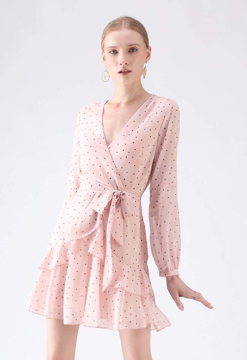 Dots My Heart Wrap Ruffle Dress in Pink | Chicwish
