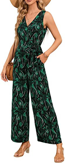 KOJOOIN Women's Wrap V Neck Sleeveless Jumpsuits Summer Belted High Waist Wide Leg Long Pants Rom... | Amazon (US)