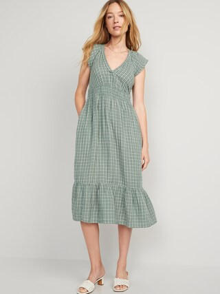 Waist-Defined Flutter-Sleeve Plaid Midi Dress for Women | Old Navy (US)