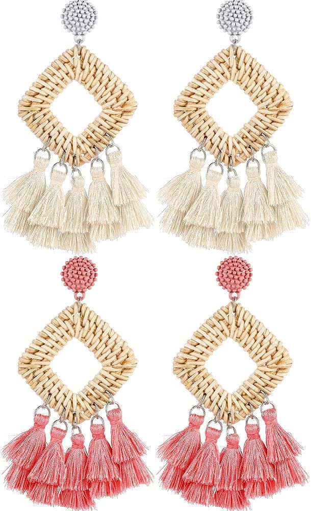 2 Pairs Rattan Tassel Earrings Bohemian Statement Woven Dangle Fringe Earrings Ethnic Tassel Drop... | Amazon (US)