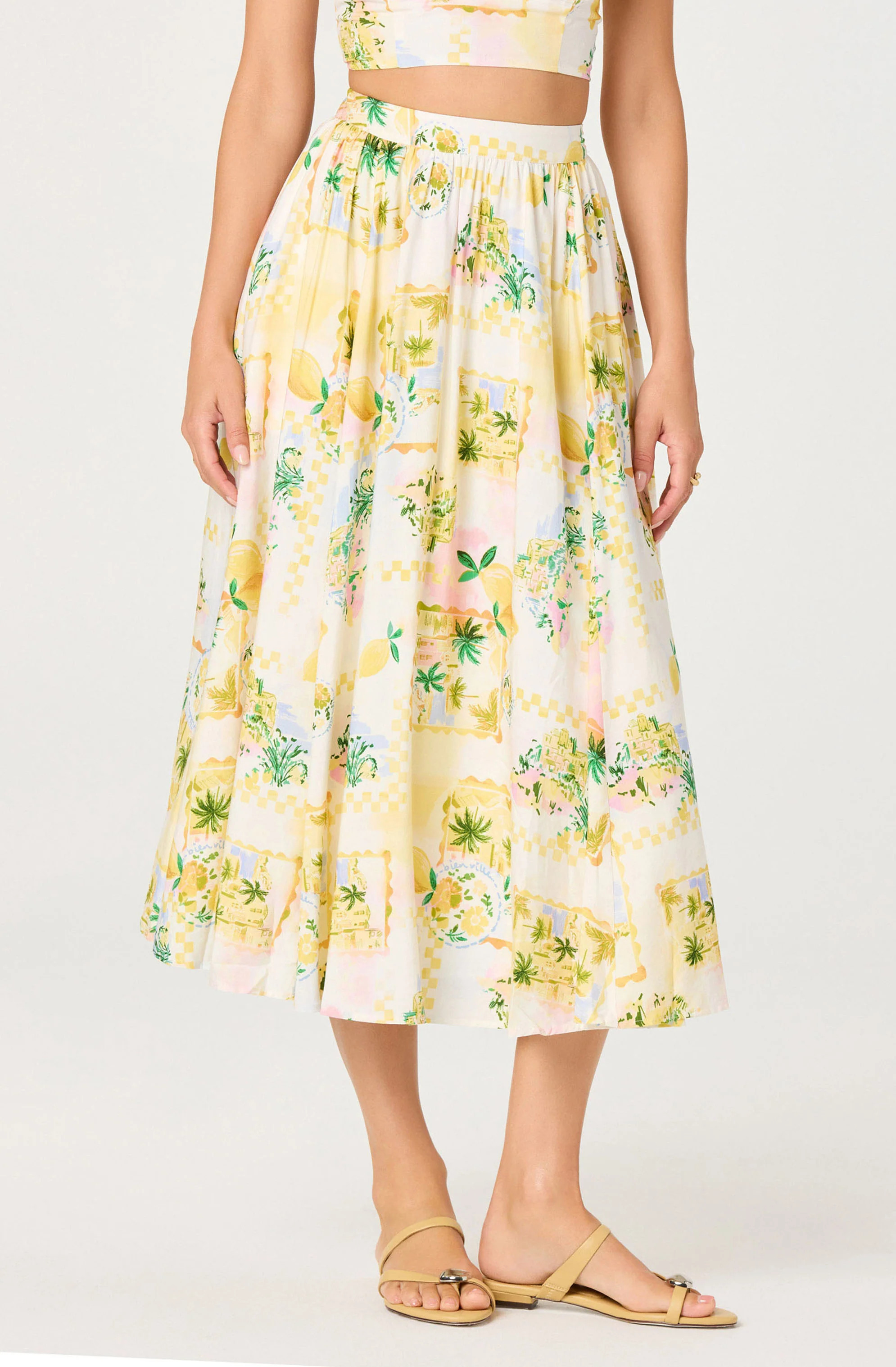 Kaleigh Paradise Print Gathered Midi Skirt - Lemon paradise / XS | ASTR The Label (US)