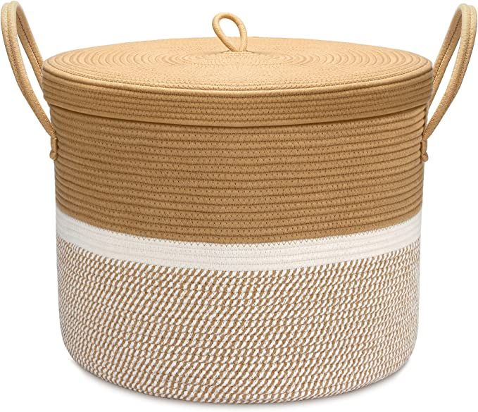 LOVSTORAGE 20.5"x 15" Large Rope Blanket Basket with Lid, Woven Storage Basket Baby Laundry Baske... | Amazon (US)