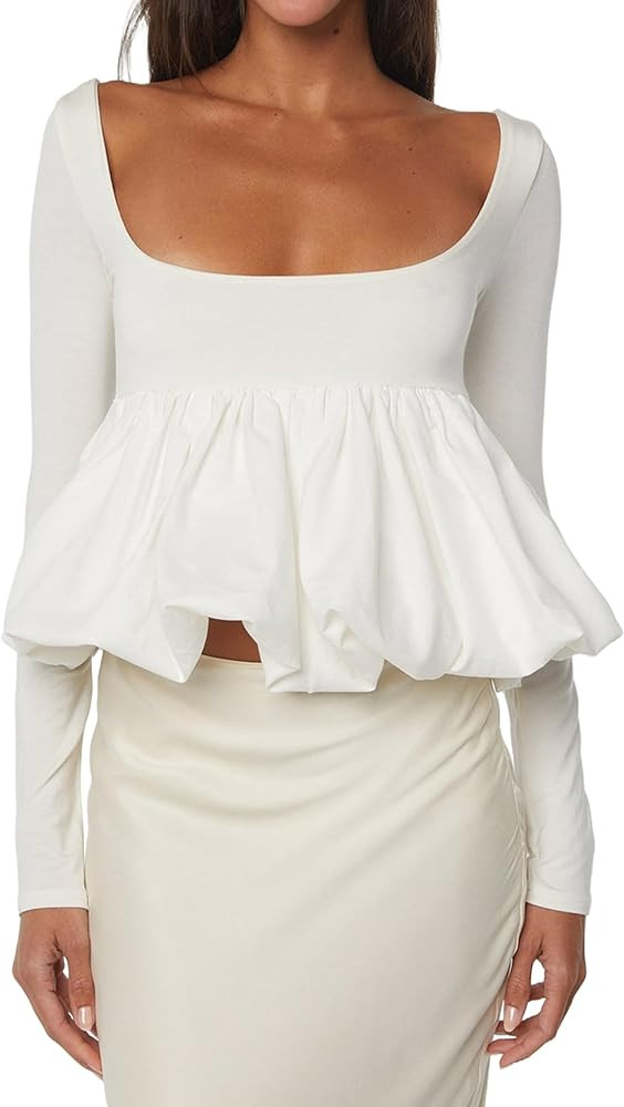 Women Long Sleeve Ruffle Hem Bubble Crop Top Blouse Scoop Neck Backless Slim Patchwork Peplum T S... | Amazon (US)