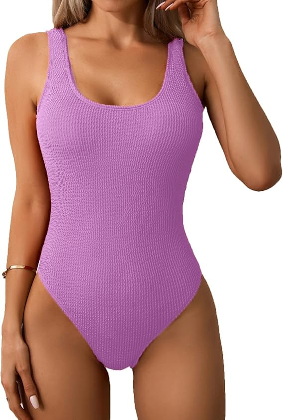 Limeeke Women One Piece Swimsuit Solid Ribbed Monokini Swimwear Scoop Neck Low Back Bathing Suit | Amazon (US)