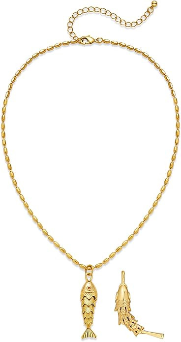 Chunky Gold Fish Pendant Necklace For Women Long Silk Scarf Turquoise Strand Necklace With Fish P... | Amazon (US)