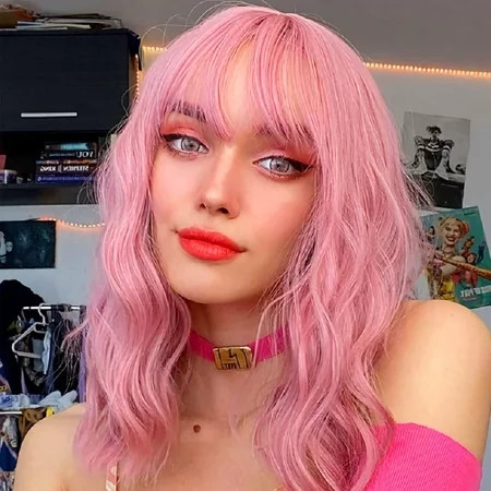 SUCS Wig with Bangs Short Curly Bob Pink Wig Bob SUCS Wig for Girl and Women with Thin Skin Wig Caps | Walmart (US)