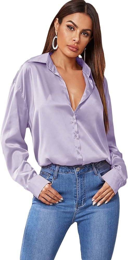 SOLY HUX Women's Satin Silk Long Sleeve Button Down Shirt Formal Work Blouse Top | Amazon (US)