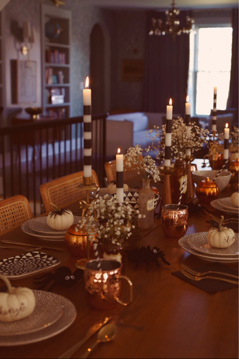 A fun fall tablescape with whispers of Halloween.🦇🕷🎃

#LTKHalloween #LTKhome #LTKSeasonal