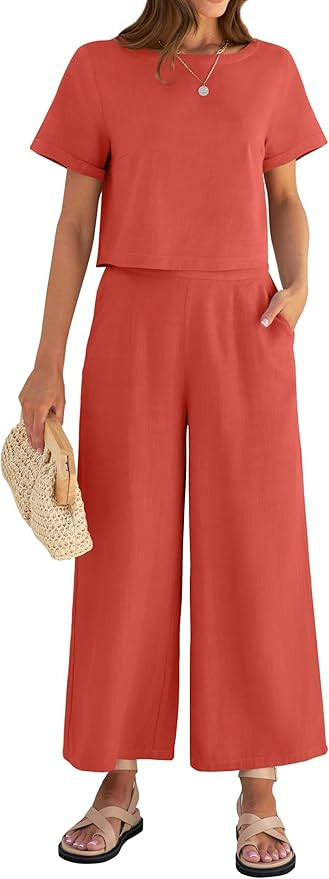 ZESICA Women's 2 Piece Outfits Linen Short Sleeve Crop Top and Wide Leg Pants Lounge Matching Set... | Amazon (US)