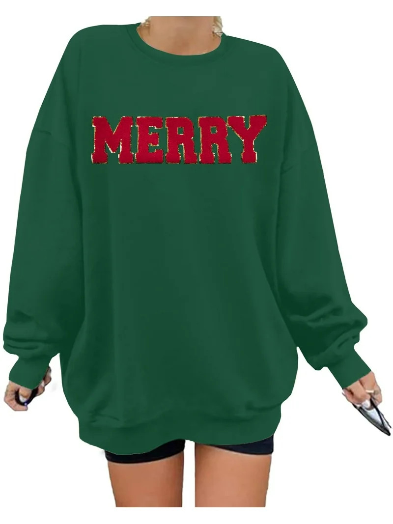 DEXIO Merry Christmas Sweatshirts for Women Glitter Patch Merry Letter Shirts Oversized Pullover ... | Walmart (US)