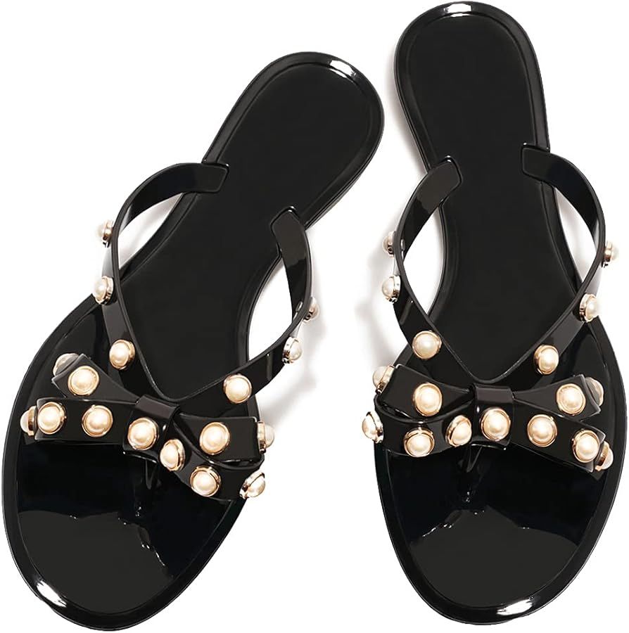 Women Rivet Flip Flops Studded Jelly Thong Sandals with Bow Summer Bowtie Flat Beach Rain Shoes | Amazon (US)