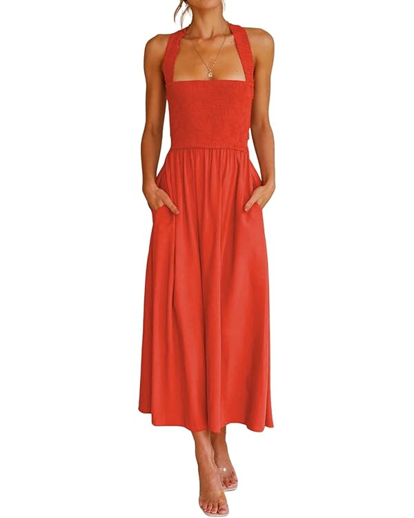CHARTOU Women Sexy Spaghetti Strap Cut Out Smocked Dress Party Backless Flowy Midi Dress with Poc... | Amazon (US)