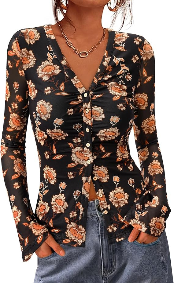 BTFBM Button Down Shirts for Women 2026 Spring Boho Tops V Neck Long Sleeve Blouses Ruched Mesh F... | Amazon (US)
