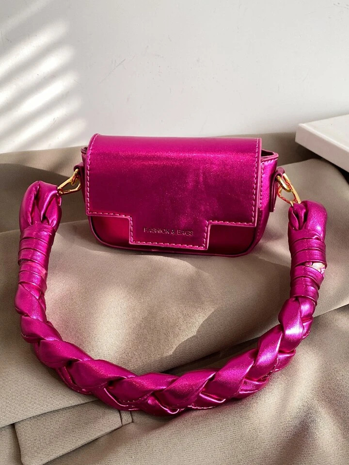 Mini Neon Pink Braided Detail Flap Square Bag | SHEIN